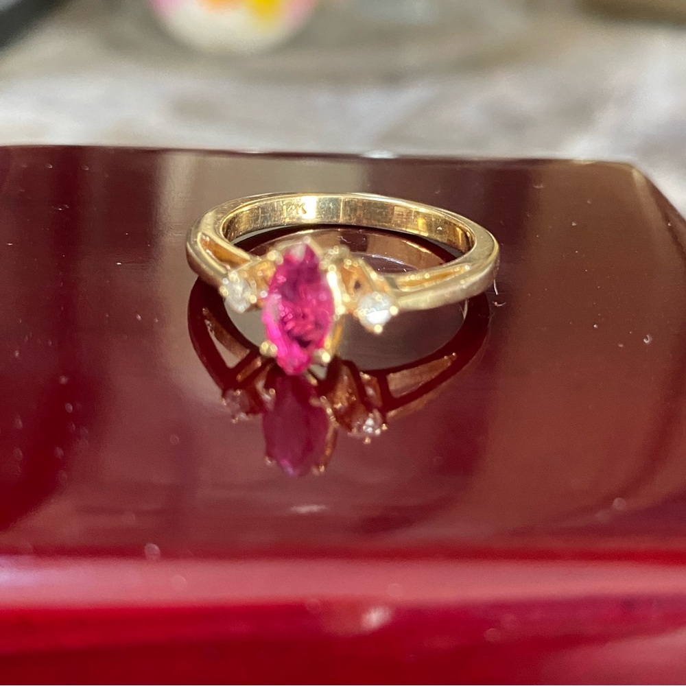 Solid 14kt Gold Diamond Ruby Ring Marquis Ruby - image 3